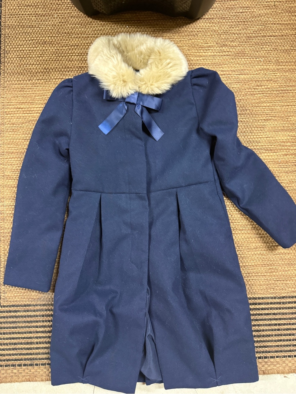 Janie and Jack Navy Coat with Faux Fur Collar and Bow